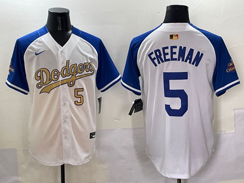 Men Los Angeles Dodgers 5 Freeman White Blue Champion gold character Nike 2025 MLB Jersey style 5052